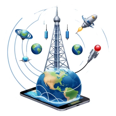 An icon featuring a communication tower with signal waves, satellites in orbit, and fiber optic cables. The design includes a smartphone and an earth with connection lines, symbolizing global communication networks. Transparent background  sticker
