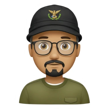 hombre trigueño , barba candado negra y blanca, anteojos, gorra negra , remera tactica verde oliva sticker