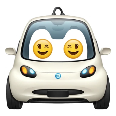 EV car with adorable round eyes, EV charger on the right, playful emoji look, emoji style sticker
