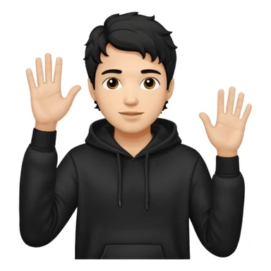 Now create man waveing with one hand with little bit wavey dark black hair with black hoodie on and make him light skin. his haircut is mid fade with hair on his forehead sticker