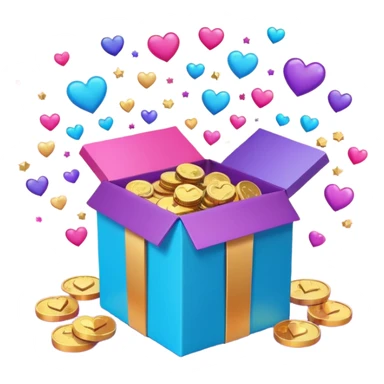 3D open gift box with Instagram logo, gold coins, hearts, stars, documents floating out, smiling human faces around, vibrant pink blue purple gradient, glossy modern style, premium marketing banner sticker