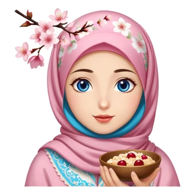 Turkish beautiful finish Konya girl blue eyes with cherry blossom floral hijab islamic dress and she’s savouring delicious food face sticker