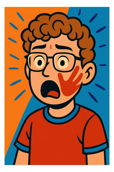 Make the boy look more like the reference photo with curly light brown hair, glasses, fair skin, and similar facial features in a vibrant toon style. Depict a shocked expression with a slap mark on his face. sticker