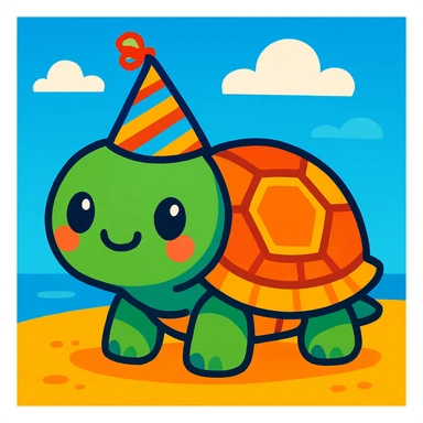 cute turtle on sand with a party hat, cartoon style, bright and colorful sticker