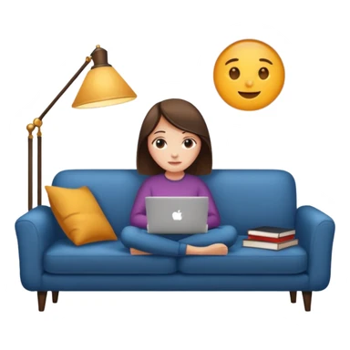 A girl is working with a laptop while lying on a sofa, with a floor lamp to the right. sticker