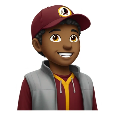 a little slimmer smiling boy by the window with a redskins hat sticker