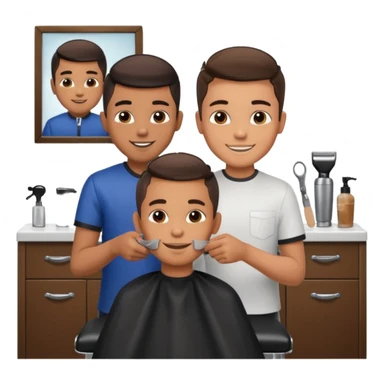 Barber cutting boys hair. Show the boy sat in black barber chair and both having smiles on their faces sticker