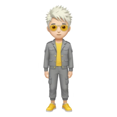 A japanese guy with white messy spiky hair circle sunglasses wearing a uniform gray and a yellow button on the top right of the uniform gray pants sticker