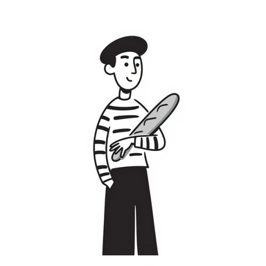A Frenchman with a beret, holding a baguette under his elbow, wearing a black and white striped shirt, hand-drawn doodle style. sticker