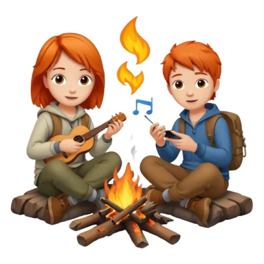 A boy with brown hair and a orange haired girl sitting at a campfire listening to music sticker