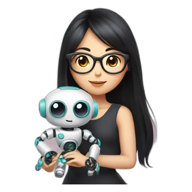 woman peach skin long black hair square glasses playing with cute robot companion sticker