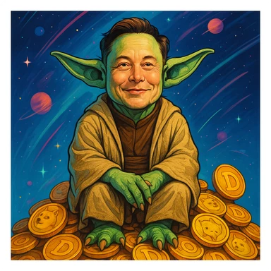 Elon Musk dressed as Yoda, sitting on a pile of Dogecoins, futuristic and whimsical style, pop culture mashup sticker