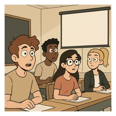 four young adults, mixed gender, focused on a presentation, classroom setting, flat design style, soft colors, minimalist background sticker