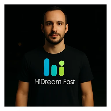 man wearing tshirt with this logo, dark night background with dim , add fast below logo, make man fit into image, add fast insead pf the dev keep rest same sticker