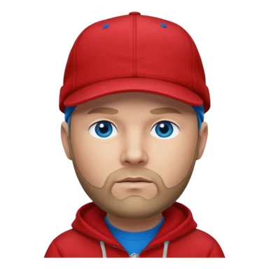 Fred Durst with dark blonde hair, blue eyes, red outfit and cap sticker