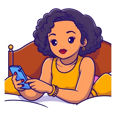 Brown-skinned teenage girl with curly black hair lying on bed looking at smartphone, heavy makeup, big lips, crop top, gold jewelry, choni style outfit sticker