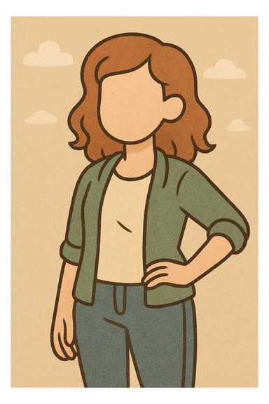 Make the young woman a redhead, keep her friendly and faceless, modern casual style with warm and inviting colors. sticker