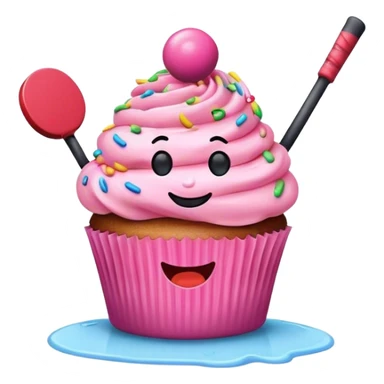 cupcake with pink frosting and sprinkles with a face holding a hockey puck sticker