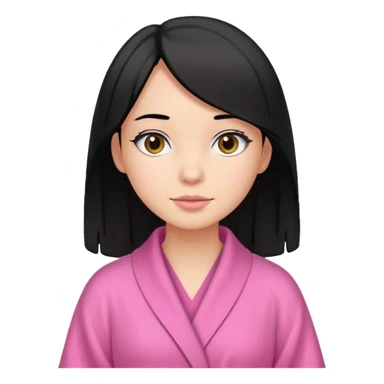 A girl who has black hair (straight but slightly wavy at the end), has a medium to bright skin tone, wearing a pink robe sticker