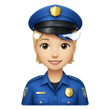 Young woman with short blonde hair, wearing police uniform sticker