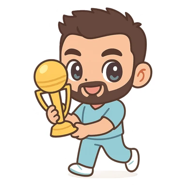 Virat Kohli, chibi style, big eyes, cricket uniform, playful expression, holding a trophy sticker