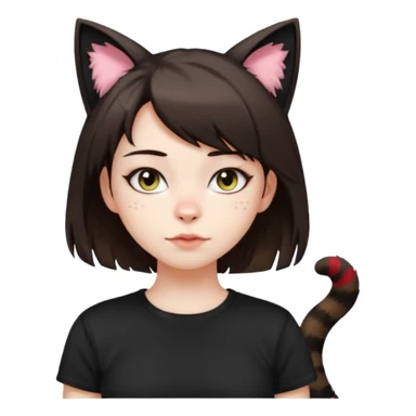 a girl with pale skin, short dark brown hair with lots of dandruff , cat ears and a tail, with a black t-shirt on sticker