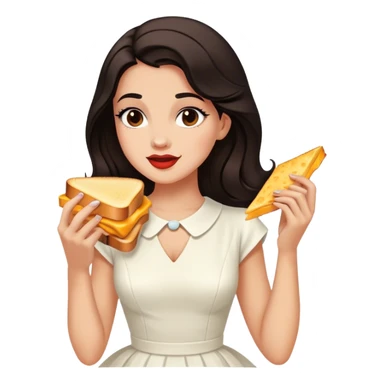 Beautiful woman in 1950’s woman fashion look, white dress, long dark brown hair, grilled cheese sandwiche sticker