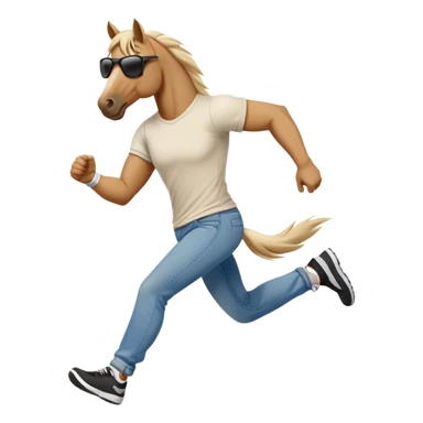 friendly anthropomorphised stallion in jeans and a t-shirt, wearing dark sunglasses, jogging upright in relaxed pose sticker