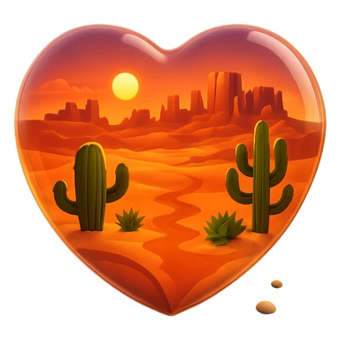 Add a sunset with warm colors inside the clear glass heart, with a glowing orange and pink sky above the desert scene. Preserve the glass look and no background. sticker