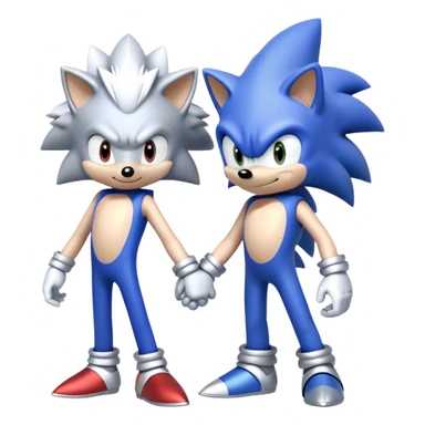 Blue Sonic the Hedgehog and silver-colored Silver the Hedgehog holding hands together side by side sticker