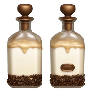 Antique parfumerie bottle with oil, made of bronze and brown crystals, white cream and coffee milk pour from the bottle sticker