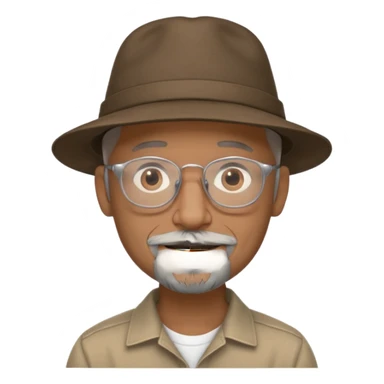 Brown man with wide rimmed hat no hair, gray goatee, clear glasses and slightly smiling sticker