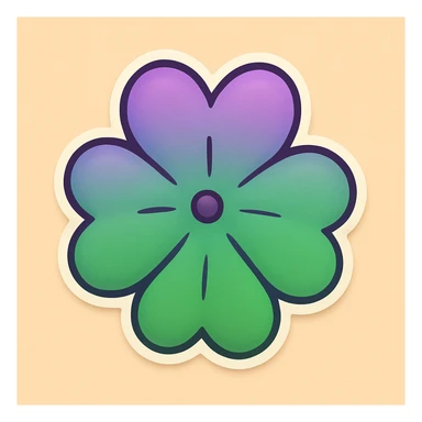 Remove the stem and make the four leaf clover more bubbly, keep the cartoon style and the top to bottom purple to green gradient. sticker