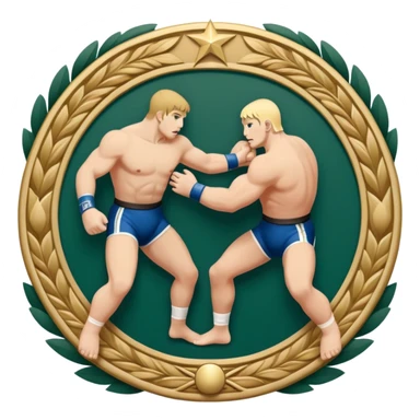 An icon symbolizing wrestling combat sports in the style of an emblem. The design features two wrestlers locked in a powerful grapple, one attempting to take the other down. Surrounding the scene are stylized elements like a championship belt, wrestling mat, and a laurel wreath.  sticker