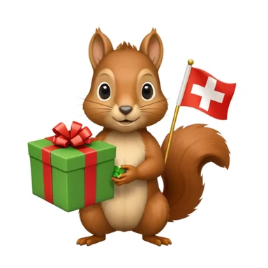 a squirrel holding a green gift box in one hand and a Swiss flag in the other, both objects clearly visible, simple white background, the gift is a different color from the flag sticker
