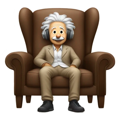 albert einstein happy listening music with just wireless headphones while sitting on the brown chair sticker