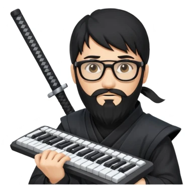 Man with black hair and beard wearing glasses in a ninja costume. Keep the top left version, make the beard longer and add a computer keyboard  sticker