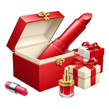an open gift box with lipstick, cream jar, and perfume bottle spilling out sticker