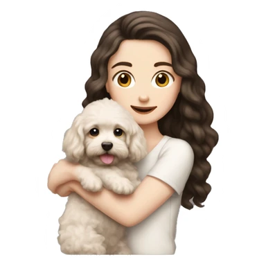 pale white girl with long black hair holding brown bichpoo puppy sticker