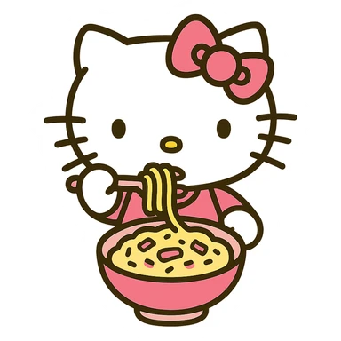 Hello Kitty eating Buldak Carbonara, pink and white girly aesthetic, icon style sticker