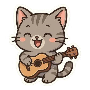 cute grey tabby cat with stripes, playing an acoustic guitar, cheerful mood sticker