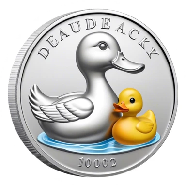 silver coin in profile with a rubber ducky bas relief, the ducks beak is silver sticker