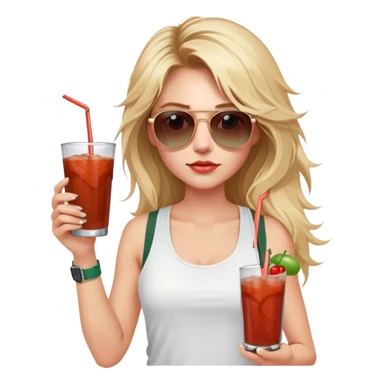 girl with long blond messy hair
with blue eyes
and aviator sunglasses
wearing white tank top 
holding bloody mary
wearing (rose gold apple watch with forest green band) sticker