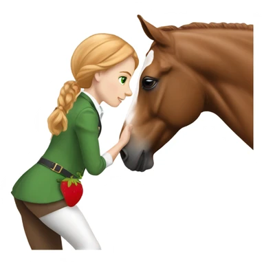 White teen girl with green eyes and medium length strawberry blonde hair wearing nice English riding attire giving a treat to a brown and white paint horse sticker