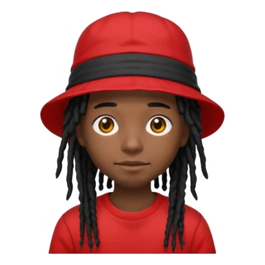 dark brown skin, black hair dreadlocks, wear red t-shirt, black bucket hat sticker