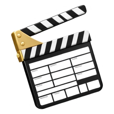 cartoon movie clapper, simple design with gold top part and white bottom part, black diagonal stripe sticker