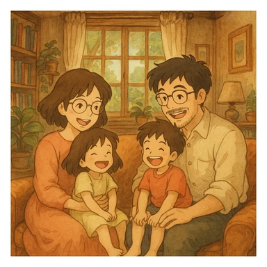 a cartoon family in ghibli style, warm and whimsical sticker