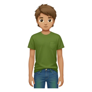 A 14 yerar old teenage boy, slightly tanned, wearing a green tshirt, blue jeans and green sneakers with brown tousled hair sticker