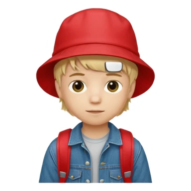 A little boy student, blonde hair, with red bucket hat, jean jacket, backpack sticker