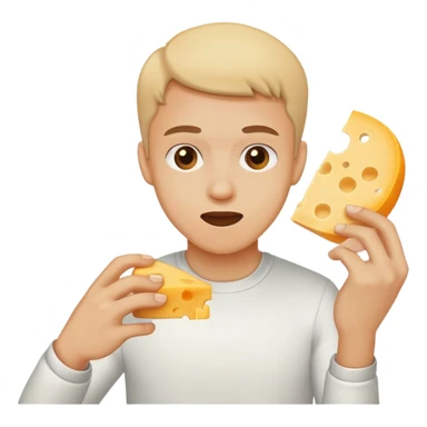a person, that is swating, trying to eat a piece of cheese sticker